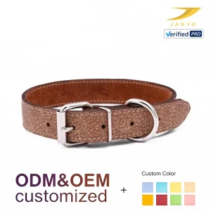 ODM OEM Retro Crack Grain PU Pet Collar Comfort Cowhide Lining Silver Buckle D ring Hand Stitched Dog Neck Collar