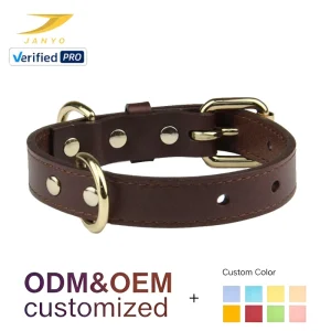 OEM Heavy Duty Embossed Logo Leather Dog Collar Rivet Decor Double D Ring Blank Engravable Name Tag Durable Pet Belt Neck Collar
