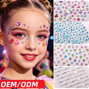OEM ODM Bespoke Cute Acrylic Crystal Glitter Star Heart Self Adhesive Non toxic 3D Rhinestone Body Face Gems Stickers for Kids