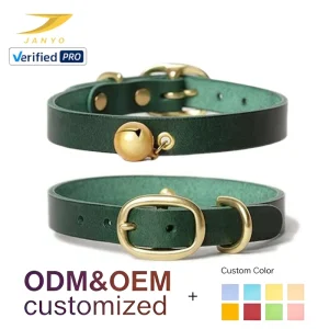 OEM ODM Custom Color Genuine Leather Pet Collar With Golden Bell Adjustable Metal Buckle Safety Pet Kitten Dog Collar