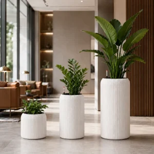 OEM ODM Modern Large Self-Watering Plastic Ribbed Cylinder Planter with Water Level Indicator for Indoor Outdoor Use