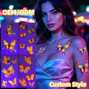 OEM ODM Sexy Neon Butterfly Temporary Tattoo Stickers Glow New Butterfly Marine Fluorescent Temporary Tattoo Sticker