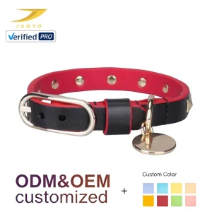 OEM ODM Two Tone Black Red PU Leather Dog Collar Metal Rivet Engraved Blank Name Tag Gold Buckle Adjustable Pet Collar