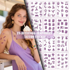 OEM ODM UV Color Changing Tattoo Sticker Solar Reactive Temporary Tattoo Sunscreen UV Test Sticker Water Transfer Skin Art