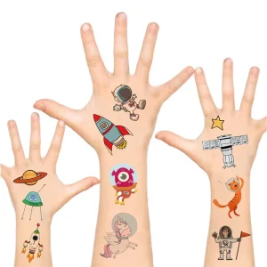 Outer Space Astronaut Rocket Party Series Cartoon Waterproof Paper Temporary Tattoo Stickers for Kid’s Face Body Arms Leg