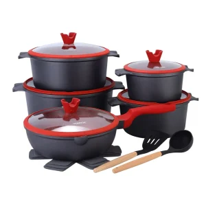 PFOA Free Interior 15-Piece Forged Aluminum Kit 20-32cm Casserole Range 28cm Deep Frying Pan Mats Silicone Gear Safe Setup