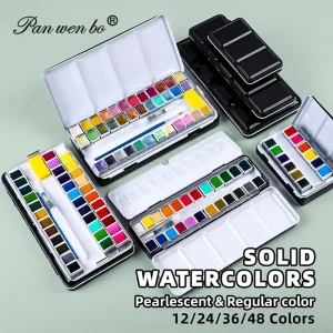 Panwenbo 12 24 36 48 Color Artist Solid Watercolor Painting Paint Solid Watercolor Paint Set With Iron Box Water Brush Pen