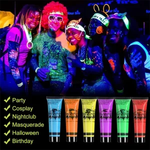 Party Glow in Dark Face Paint UV Blacklight Neon Fluorescent 0.34oz Set of 6 Tubes for Party Supplies