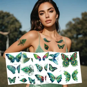 Peacock Green Butterfly Temporary Tattoo Sticker for Facial and Collarbone Makeup Waterproof