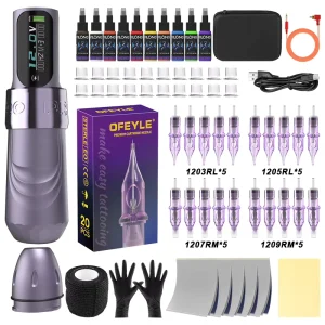 Peslief New Professional Purple Cartridge Tattoo Eyebrow Gun Machine Set 4mm Stroke and 2000mA Permanent Body Art Kits
