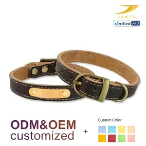 Pet Accessories Manufacturer Durable Genuine Leather Pet Collar Adjustable Brass Pin Buckle Blank Metal Tag Anti-Lost Dog Collar