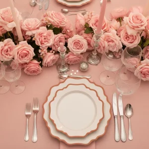Pink Ceramic Charger Plates with Scalloped Gold Edge Wedding Table Decor Reception Set for Bridal Shower Engagement Party