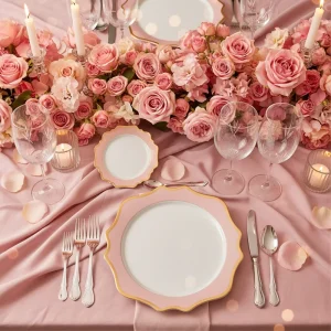 Pink Ceramic Charger Plates with Scalloped Gold Edge Wedding Table Decor Reception Set for Bridal Shower Engagement Party