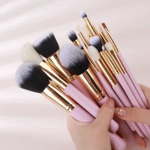 Pink Professional 15 Piece Makeup Brush Set with Synthetic Hair for Face and Eyebrow Pencil