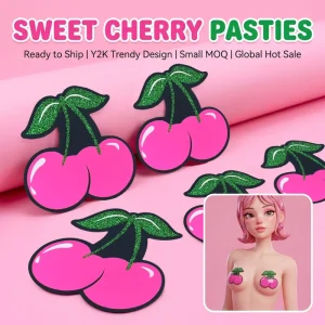 Pink Satin Sweet Cherry Nipple Covers for Summer Beach Disposable Glittery Fruit Breast Pasties Shimmering Rave Festival Sticker