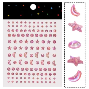 Pink Self Adhesive Removable Durable Crystal Face Gems Jewels Rhinestones Stars Moon Design Gold Stamping DIY Temporary Tattoos