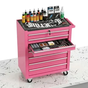 Pink Tattoo Tool Cabinets Lockable 7 Drawer Mobile Tattoo Workstation