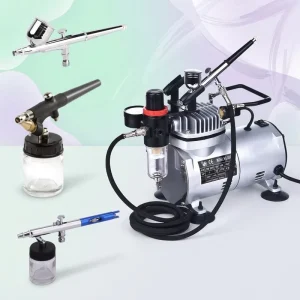 Portable Dual Action Gravity Feed Single-Piston Compressor Airbrush Gun Kit with Oil-Free Motor Air Cooled for Painting Models