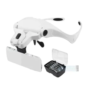 Portable Head Wearing Magnifying Glass Lens Eyeglass Interchangeable Mount Bracket Headband Magnifier with 2 LED Lights 5 Lenses