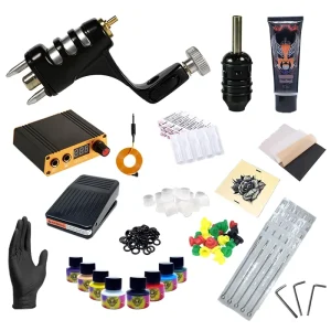 Portable Stainless Steel Ghost Motor Tattoo Kit Beginner Complete Machine Gun 15pcs Inks Pigment Tattoo Needles Power Supply