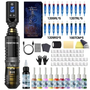 Poseidon Wireless USB Charging Tattoo Pen Kit Tattoo Machine Kit Wireless Tattoo Machine Set with Cartridge Needles