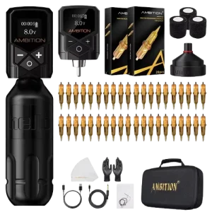Powerful Motor Professional Short Rotary Tattoo Pen Machine Kit with 2400mAh Kuark RCA Battery 40pcs Cartridge