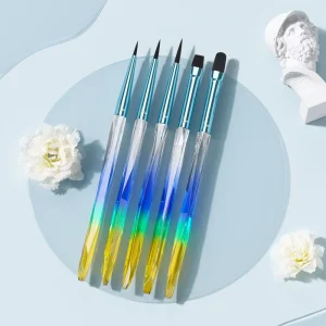 Precision Detailing Professional 5Pcs Iridescent Jeweled Acrylic Handle Nail Art Brush Set for UV Gel Painting and Drawing