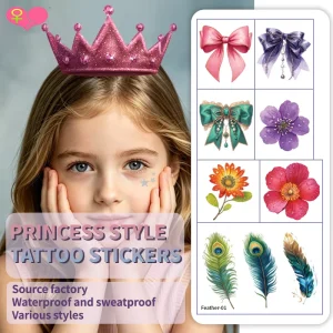 Princess Style Kids Temporary Tattoo Stickers Watercolor Bow Floral Waterproof Body Stickers for Girls Birthday Party