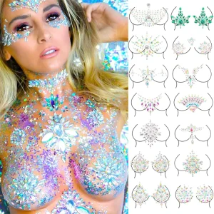 Printed Chest Stickers Temporary Breast Tattoo Crystals Body Jewelry for Clubwear Party Rave Festival Decor Art