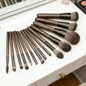 Private Label Custom Color Synthetic Fibre 14pcs Professional Makeup Brush Set Wood Handle Flat Fan Brush Eyeliner Concealer