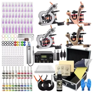 Professional 4 Tattoo Machine Set 20 Color Material Tattoo Power Supply with Hook Line Foot Tattoo Accessories Aluminum Box