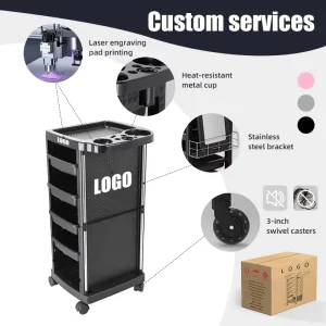 Professional Black 4 Tier Salon Trolley Rolling Hair Salon Cart with Wheels & Hair Dryer Holder Beauty Storage Cart for Spa