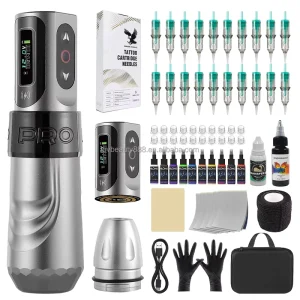 Professional Complete Wireless Tattoo Pen Machine Kit Stainless Steel Full Set with Cartridge & Rotary Tattoo Ink