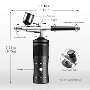 Professional Cordless Compressor Airbrush Kit 0.3mm Double Pressure Gel Nail Art Gun Portable Manicure with Cleaning Accessories