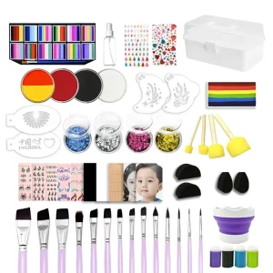 Professional Eco Friendly Rainbow Face Paint Kit Non Toxic Water Based Customizable Colors Split Cake Glitter Tools