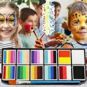 Professional Face Painting Kit for Kids Adults 12 x 10g Split Cake Palette Water Activated Face Paint Stencil Brush