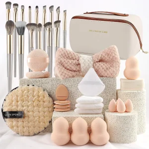 Professional Makeup Tool Set 36PCS Custom Logo Synthetic Makeup Brushes Soft Foundation Sponge Headband Makeup Remover Pad Kit