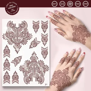 Professional Manufacturer Both Hands Mehndi Design Fake Tattoo Waterproof Maroon Temporary Henna Tattoo Stickers for Women Girls