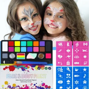 16-Color Water-Based Non-Toxic Face Paint Kit for Kids Including Stencils & Brushes for Parties Birthdays Halloween