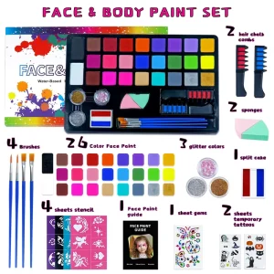 Professional Non-toxic Water-based Body Paint Set for Kids & Adults 26 Colors Halloween Party Makeup Stencil Brush Sponge