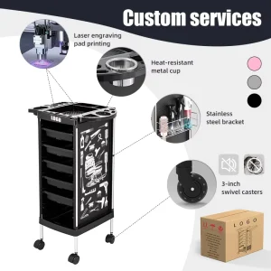 Professional Salon Trolley Cart 5 Drawers Barber Equipment Black ABS Rolling Beauty Cart for Hair Stylists Logo Service