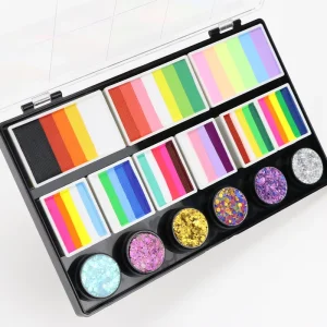 Professional Split Rainbow Color Washable Water Based Face & Body Paint Palette Glitter Halloween Face Painting Kit for Kids