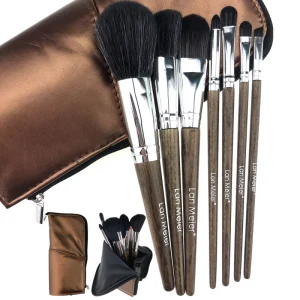 Professional Vegan 7 Piece Synthetic Hair Wood Handle Make Up Brush Set with Bag