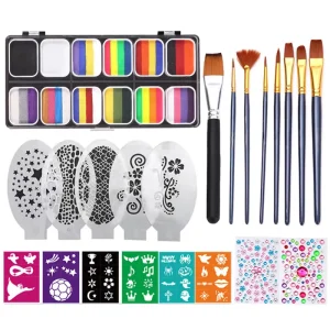 Professional Water Activated Face Paint Makeup Kit with Stencils Gem Stickers Brushes Face Painting Kit for Kids