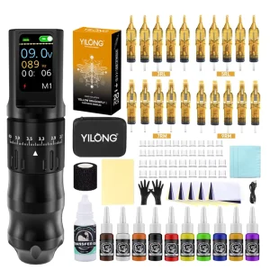 Professional Wireless Adjustable Stroke 2.7mm-4.2mm Tattoo Guns Full Kits with Ink Needles