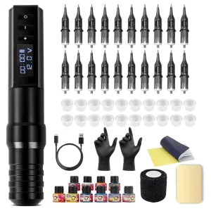 Professional Wireless Tattoo Machine Pen Set Tattoo Gun Full Complete Kit with Tattoo Cartridge Ink for Beginner