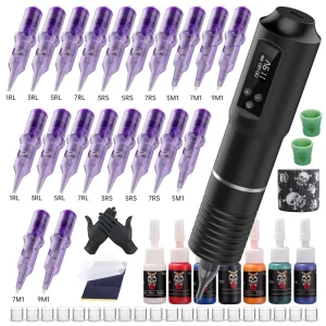 Professional Wireless Tattoo Pen Machine Complete Full Kit Set for Body Art