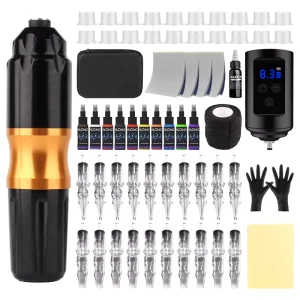 Professional Wireless Tattoo Pen Machine Kit Complete Set with Cartridge Needles