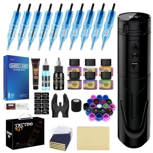 Professional Wireless Tattoo Pen Machine Kit with 10pc Tattoo Needle Cartridges