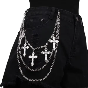 Punk Heavy Metal Style Triple Layered Pants Chains for Men Women Cross Pendant Wearing Jewelry